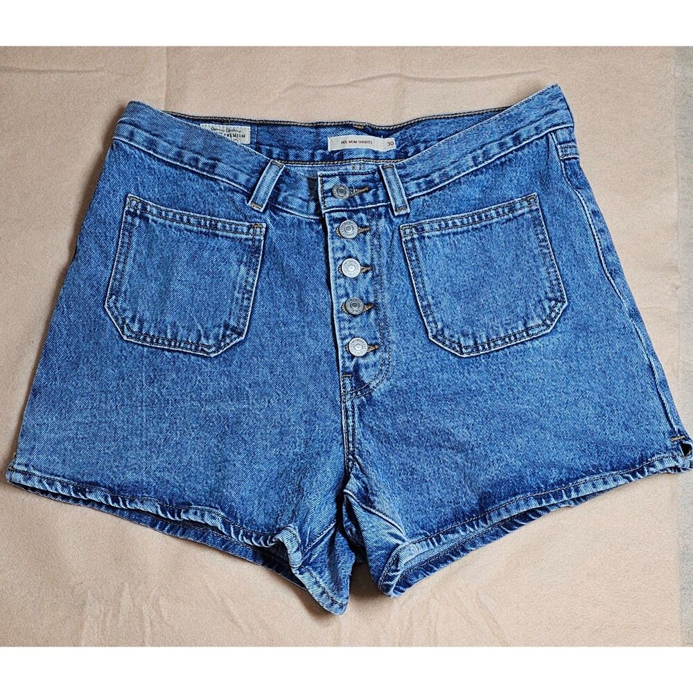 Levi’s Premium 80s Mom Shorts High Rise Button Fly Patch Pockets Denim Blue 30